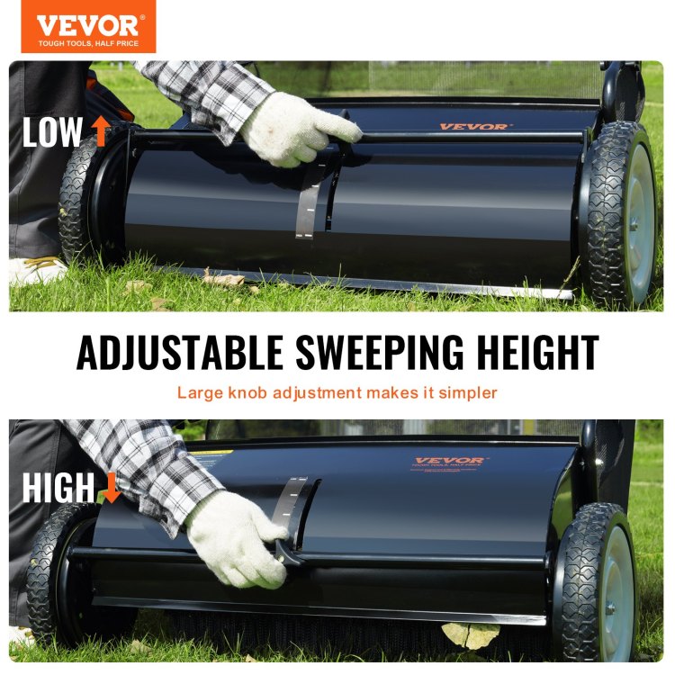 Push Lawn Sweeper, 26 Inch Leaf & Grass Collector, Strong Rubber Wheels & Heavy Duty Thickened Steel Durable To Use With Large Capacity 7 Ft Mesh Collection Bag, 4 Spinning Brushes