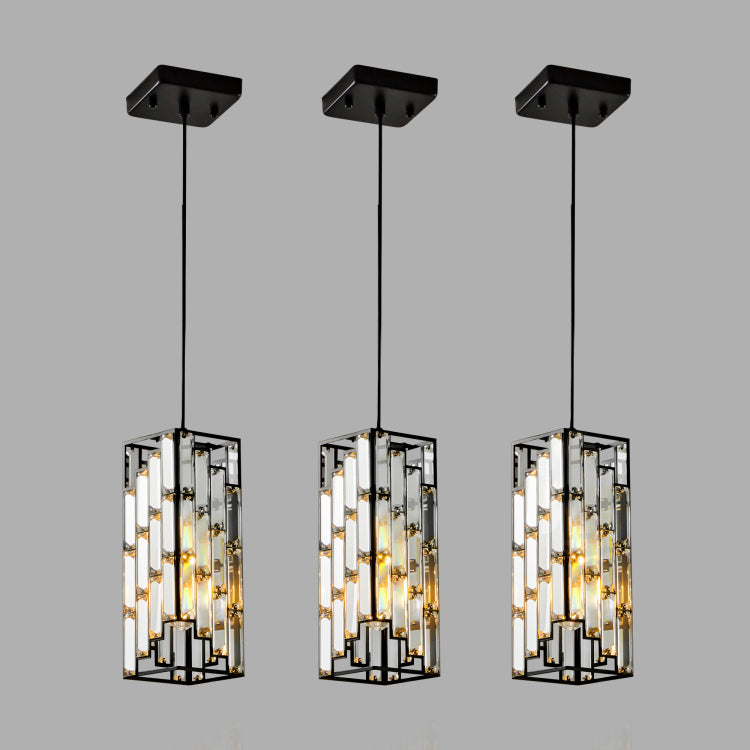 4" Modern Crystal Pendant Light 3 Pack, Adjustable Hanging Ceiling Lamp With Crystal Prism Design For Dining Room, Kitchen Island, And Living Room Black Finish