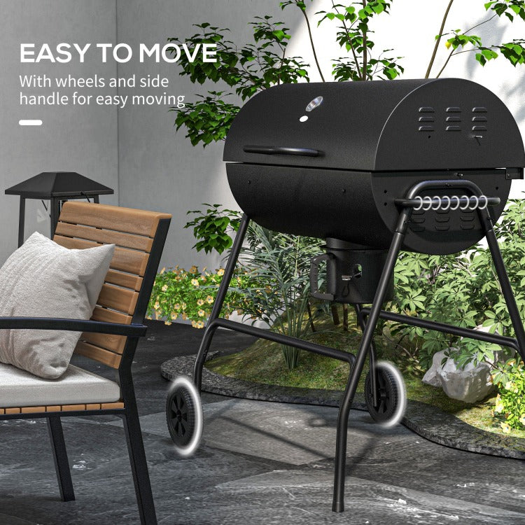 Outsunny Barrel Charcoal Bbq Grill With 420 Sq.In. Cooking Area, Outdoor Barbecue With Wheels, Ash Catcher And Built In Thermometer For Patio Picnic, Backyard Party, Black
