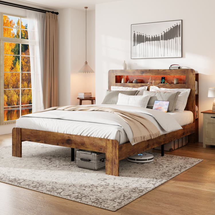 Bed Frame Queen Size, Wood Platform Bed Frame With Storage Led Light Headboard And 2 Usb , Noise Free,No Box Spring Needed And Easy Assembly Tool,Large Under Bed Storage,Dark Brown
