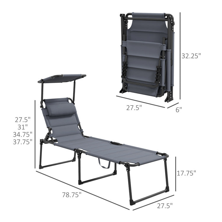 Outsunny Outdoor Lounge Chair, Adjustable Backrest Folding Chaise Lounge, Cushioned Tanning Chair W Sunshade Roof & Pillow Headrest For Beach, Camping, Hiking, Gray