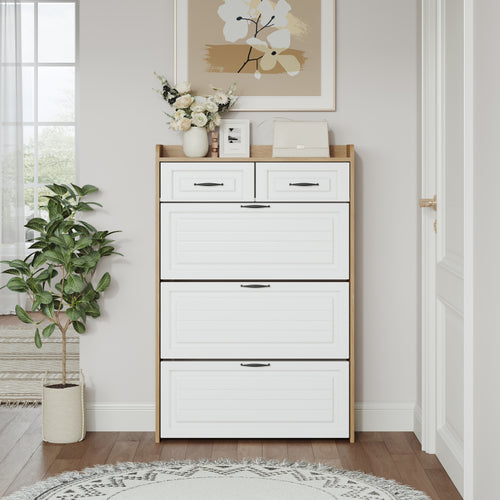 1250 White Oak Color Shoe Cabinet With 3 Doors 2 Drawers,Large Space For Storage