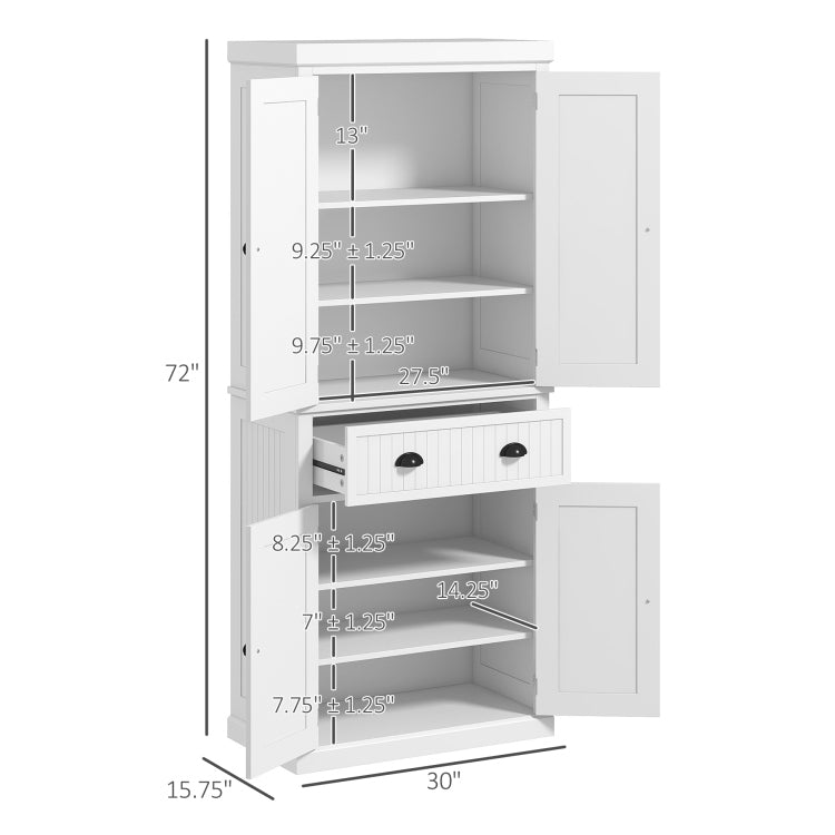 Homcom 72" Kitchen Pantry, Tall Storage Cabinet, Freestanding Cupboard With Drawer, Doors And Adjustable Shelves, White