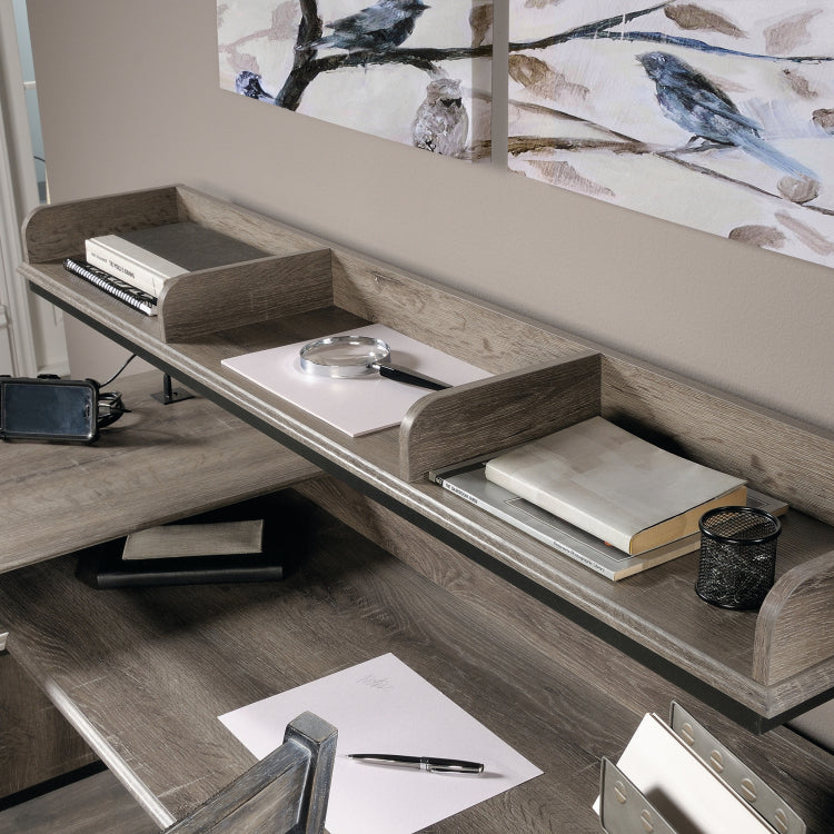 Industrial L Shaped Desk With Built In Usb Ports And Grommet Holes, Brown Finish