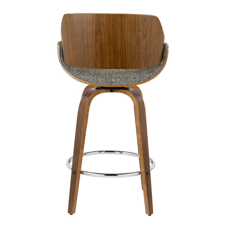 26" Mid Century Modern Fixed Height Counter Stool With Swivel In Walnut Wood And Noise Grey Fabric With Round Chrome Metal Footrest Set Of 2
