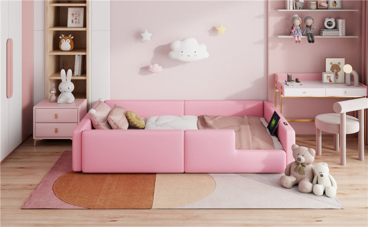 Twin Size Upholstered Platform Bed With Guardrail And Charging Station, Pink