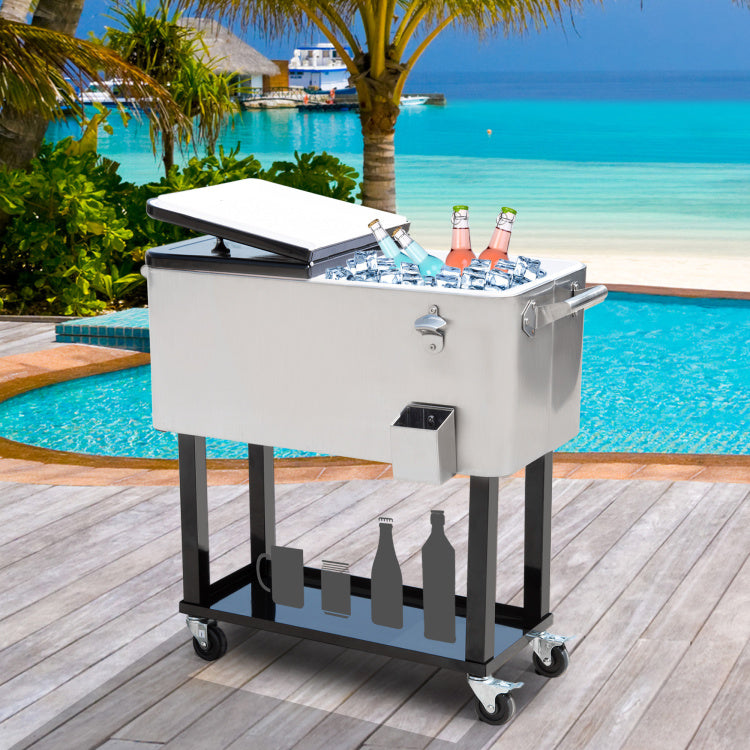 Outsunny 80 Qt Rolling Cooling Bins Ice Chest On Wheels Outdoor Stand Up Drink Cooler Cart For Party, Silver