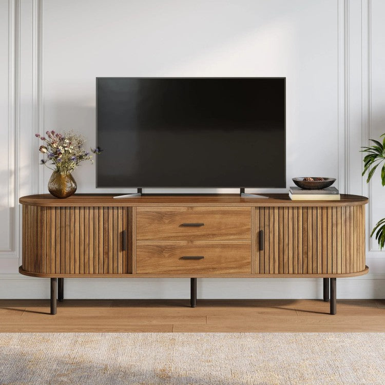 70.87" Walnut Mid Century Modern Fluted Tv Stand With Tambour Sliding Doors For Living Room