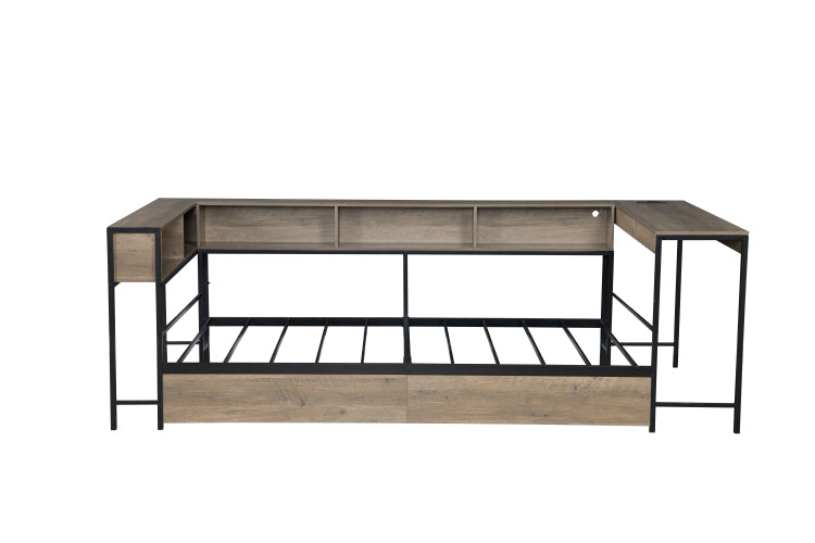 Corner Bed Frame Twin Size With Bookcase And 2 Underbed Storage Drawers, Modern Twin Bed With Led Light And Charging Station, Grey