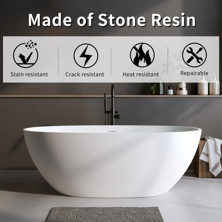 59'' Solid Surface Matte Tub, Solid Surface Soaking Tub, Stone Resin Freestanding Bathtub, Thick Edge Stand Alone Tubs With Overflow, Pop Up Drain, Matte White Oval