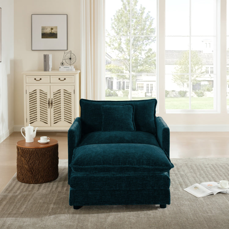 Modern Accent Chair With Ottoman, Living Room Club Chair Chenille Upholstered Armchair , Reading Chair For Bedroom, Blue Chenille