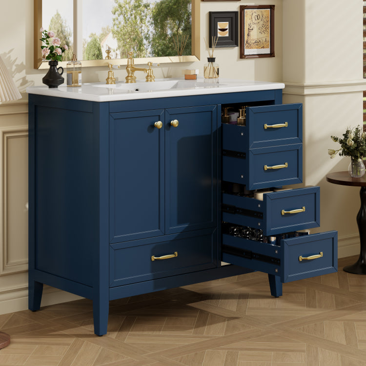 36" Bathroom Vanity With Sink, Bathroom Cabinet With Soft Closing Door, 4 Drawers Of Different Sizes, Solid Wood Frame And Leg, One Package, Blue