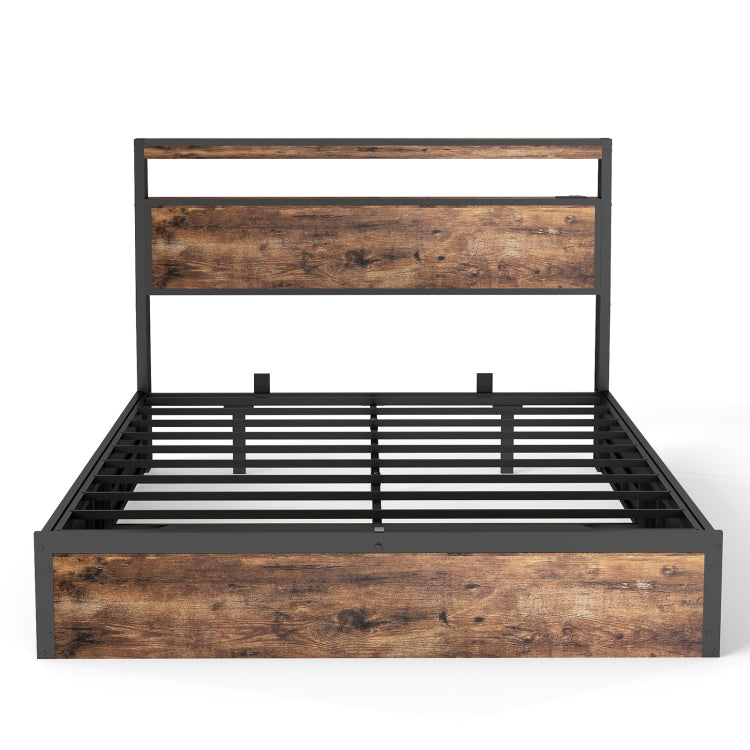 Full Size Rustic Brown Hydraulic Lift Storage Bed Frame Metal Noise Free Structure Rgb Led Lights Usb Type C Charging Station, No Box Spring Needed