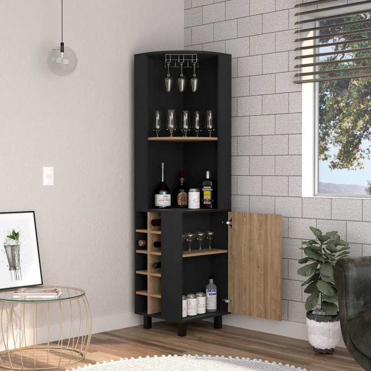 Corner Bar Single Door Cabinet Two Shelves, Ten Built In Wine Rack, Two Interior Shelves, Black Pine