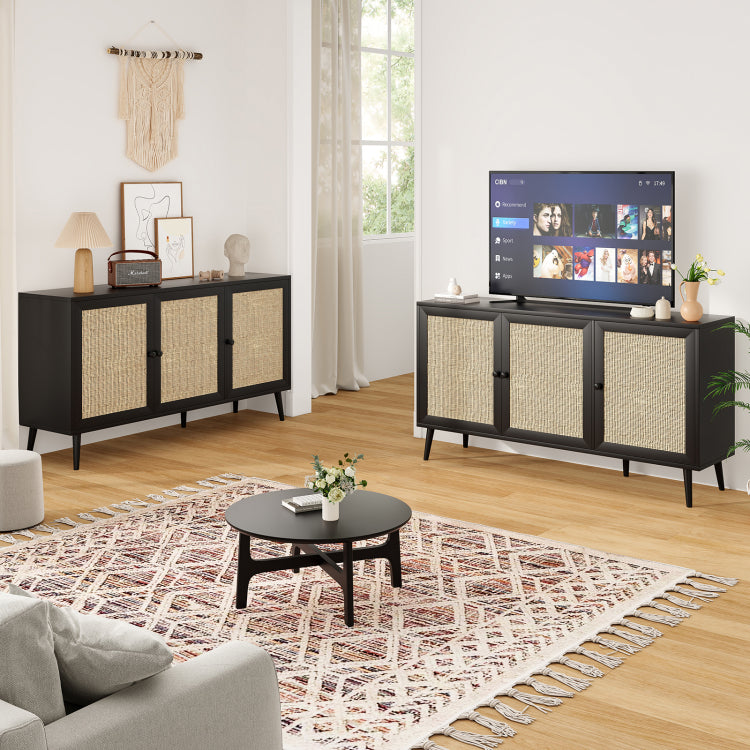 Sideboard Buffet Cabinet With 3 Rattan Doors,Modern Kitchen Storage Console Cabinet For Entryway Living Room Large,Black