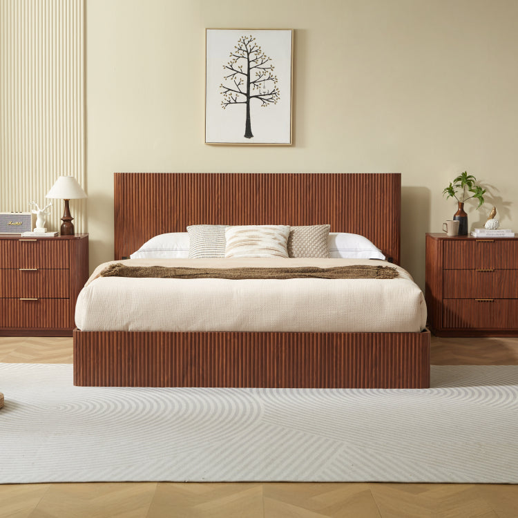 King Size Lift Up Storage Bed Frame, Wooden Corrugated Curved Lines, Hydraulic Storage No Box Spring Needed, Walnut