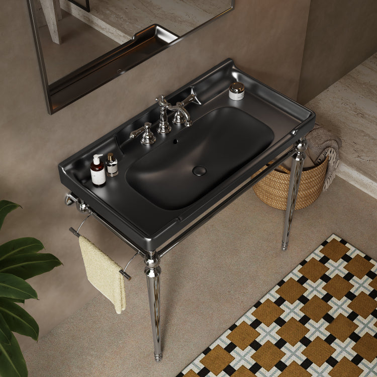 Vici 36" Bathroom Ceramic Basin With 3 Pre Drilled Hole, No Cabinet And Faucet, Black