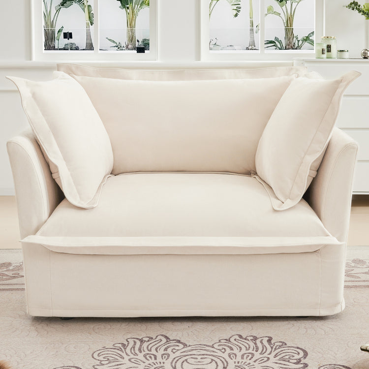 Slip Covered Armchair With 1 Big Back Cushion And 2 Big Toss Pillows, Single Deep Seat Comfy Single Couch Sofa Multiple Large Soft Pillows, Chenille Fabric, Cream