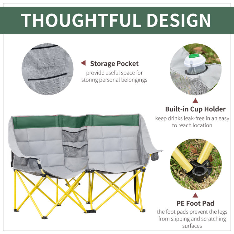 Outsunny Loveseat Style Camping Chair, Oversized Folding Lawn Chair With Carry Bag & Cup Holders, For Outdoor, Beach, Picnic, Hiking, Travel, Green & Gray