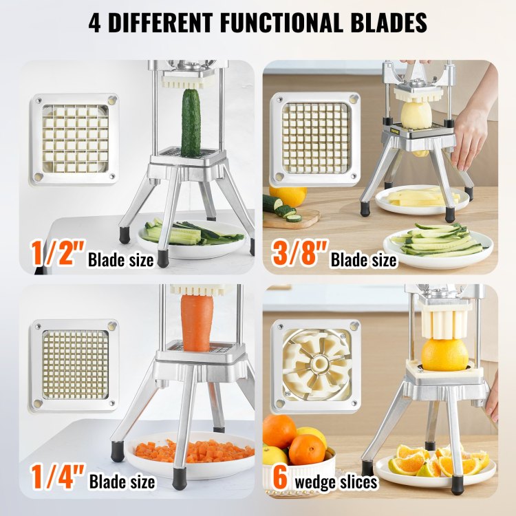 Commercial Vegetable Fruit Chopper, Stainless Steel French Fry Cutter With 4 Blades 1 4" 3 8" 1 2", 6 Wedge Slicer, Chopper Dicer With Tray, Heavy Duty Cutter For Potato Tomato Onion Mushroom