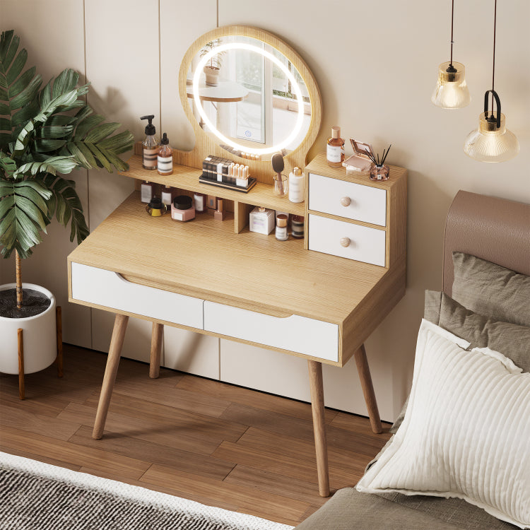 Makeup Vanity Desk With 3 Adjustable Lighted Mirror With Solid Wood Table Feet , Dressing Table Set With 4 Drawers And 3 Open Shelves For Small Space Bedroom