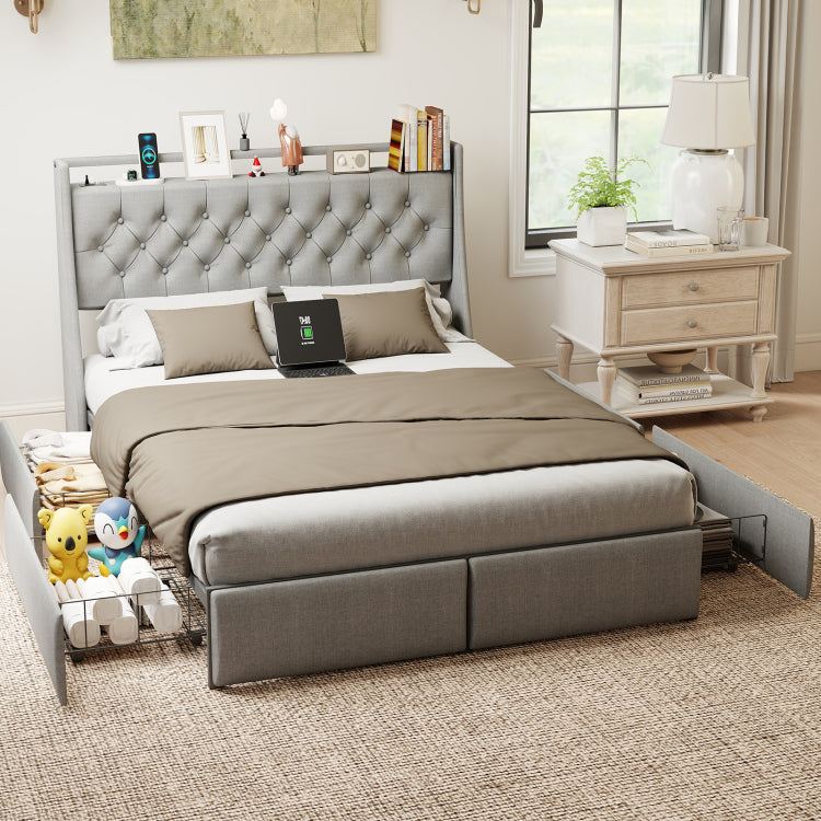 Queen Metal Platform Bed Frame Grey, Storage Headboard With Rgb Led & Charging Station
