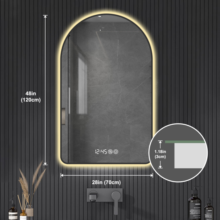 28"X48"Arched Led Mirror For Bathroom,Time And Temperature Display, Backlight, Anti Fog, Dimmable, With Three Color Temperatures Modern Vanity Light Mirror, Perfect For Over Sink,Black Frame