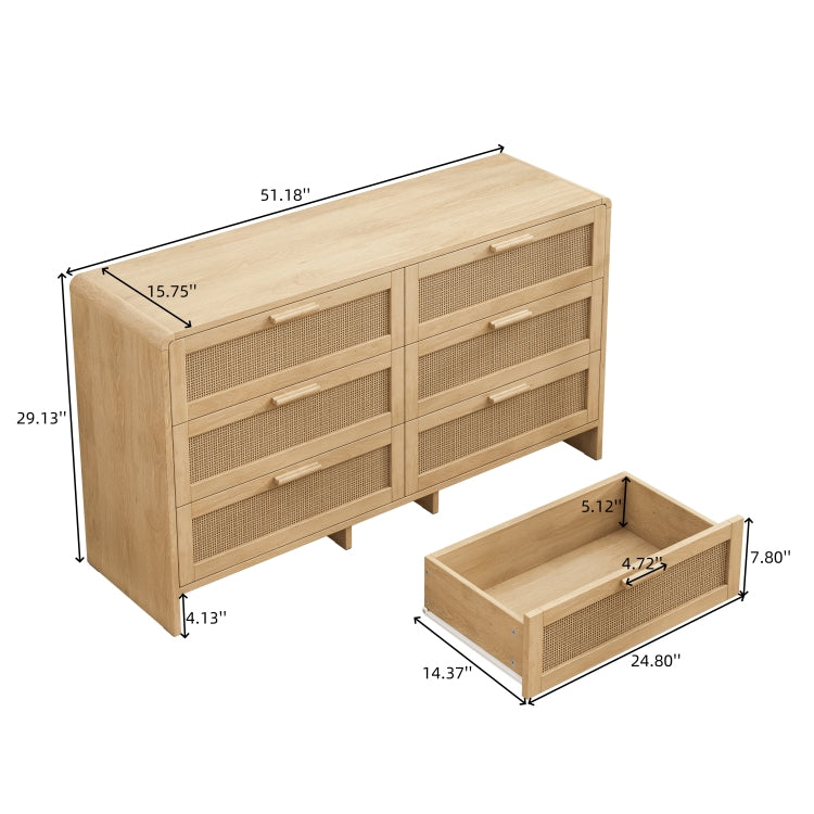 51.18'' Arc Shaped Corner Rattan Cabinet, 6 Drawers Rattan Storage Cabinet Rattan Drawer, For Living Room Bedroom,And Kitchen, Natural