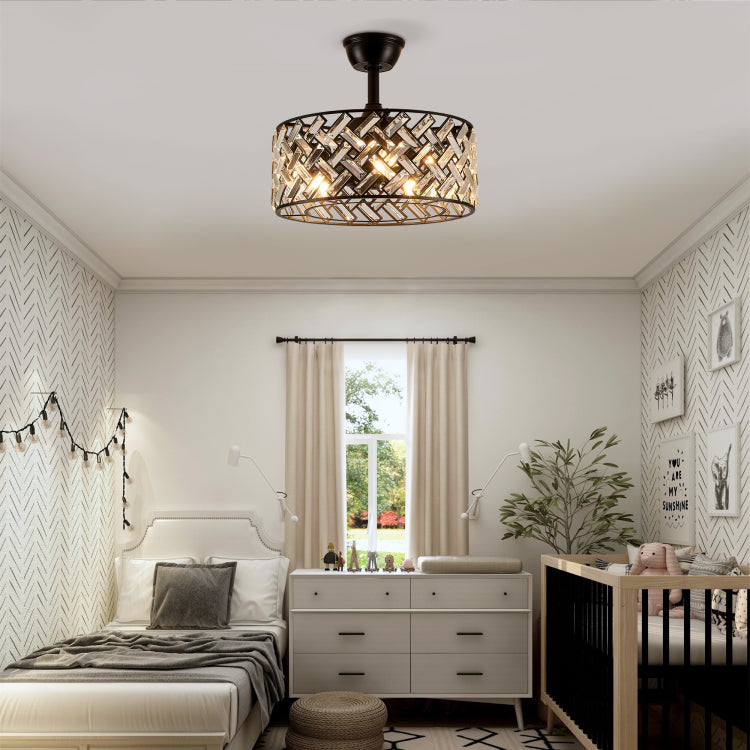 18'' Crystal Cage With Remote Control ,Quiet Motor Fan Light , Indoor Crystal Chandelier For Bedroom, Living Room, Dinning Room, Kids Room Matte Black Bulbs Not Included