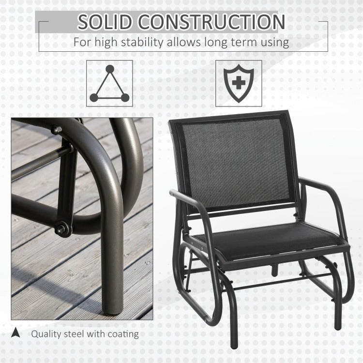 Outsunny Porch Glider, Metal Frame Swing Glider Chair With Mesh Fabric, Curved Armrests And Steel Frame For Garden, Poolside, Backyard, Balcony, Black