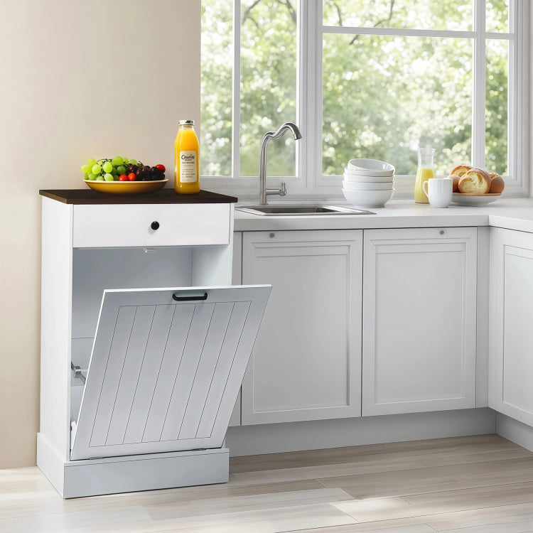 Tilt Out Trash Can Cabinet, Hidden Wooden Trash Can Cabinet With Drawer, Free Standing Garbage Cabinet For Kitchen, 10 Gallon Farmhouse Laundry Hamper Cabinet For Kitchen, Living Room White