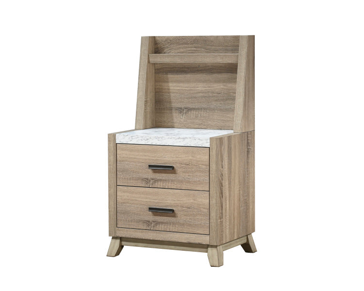1Pc Rustic Transitional Contemporary Nightstand Wall Panel Natural Brown Faux Stone Top W Led Light Bed Side Cabinet
