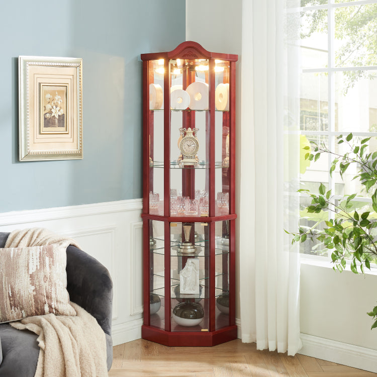 Glass Cabinet Lighted Corner Cabinet Corner Display Curio Cabinet, Glass Display With Light Included Bar Cabinet,Wine Cabinet With Adjustable Glass Shelves Carved Decoration Cherry Light Included