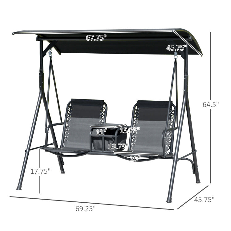 Outsunny 2 Seat Patio Swing Chair, Outdoor Canopy Swing Glider With Pivot Storage Table, Cup Holder, Adjustable Shade, Bungie Seat Suspension And Weather Resistant Steel Frame, Black