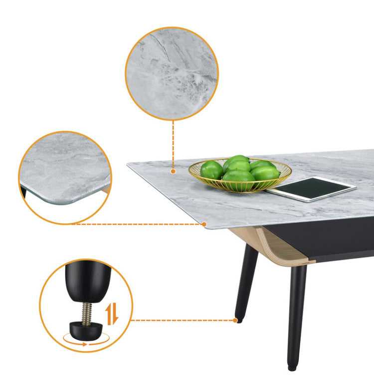 Lorenzo 47"W Coffee Table With Glass Gray Marble Texture Top And Bent Wood Design