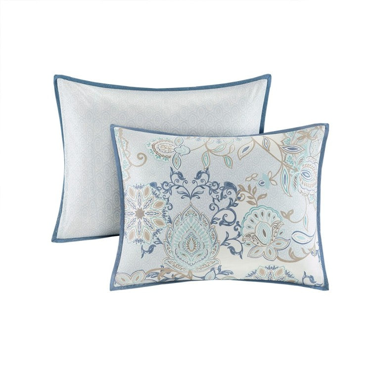 8 Piece Cotton Floral Printed Reversible Comforter Set Blue Queen