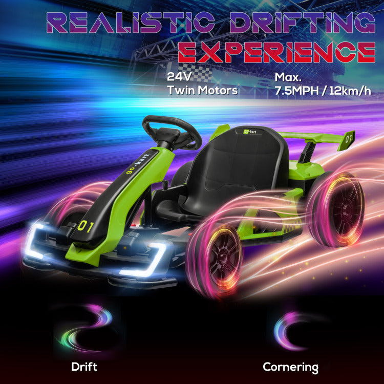 Aosom 24V 7.5 Mph Electric Go Kart With Adjustable Seat, Drifting Car Battery Powered Ride On Toy Outdoor With Slow Start, Button Start, Music, Honking Horn, Lights, For 6 12 Years Old, Green