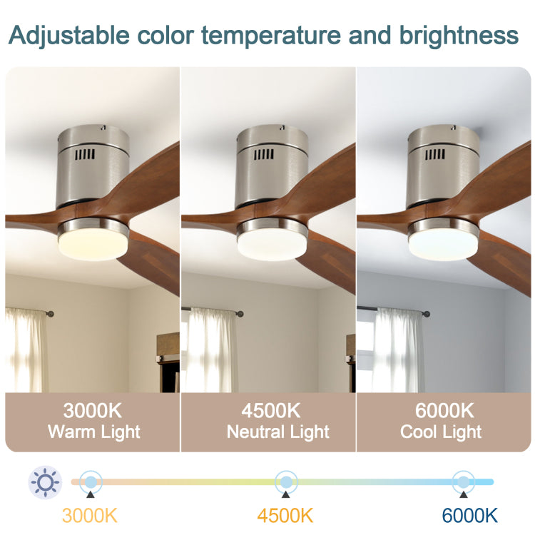 52 Inch With Light, 3 Light Walnut Solid Wood Blades,Remote Control,6 Speed Reversible Dc Motor For Bed Room,Dining Room,Living Room