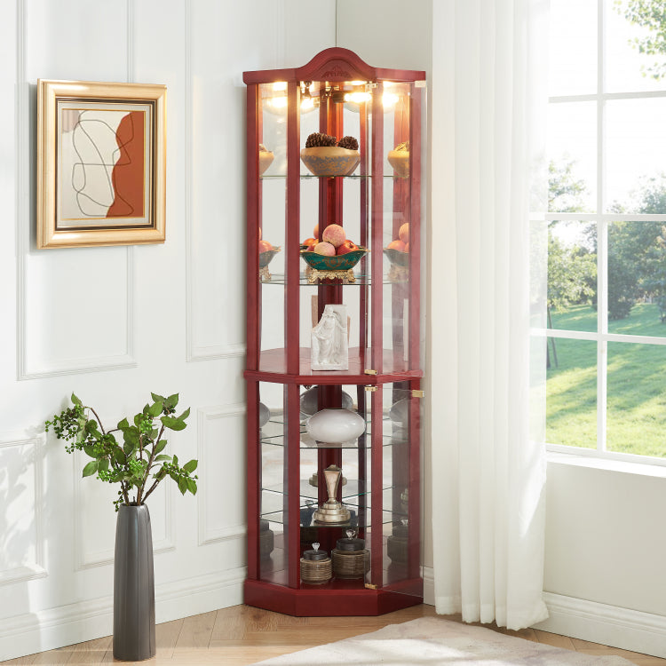 Glass Cabinet Lighted Corner Cabinet Corner Display Curio Cabinet, Glass Display With Light Included Bar Cabinet,Wine Cabinet With Adjustable Glass Shelves Carved Decoration Cherry Light Included