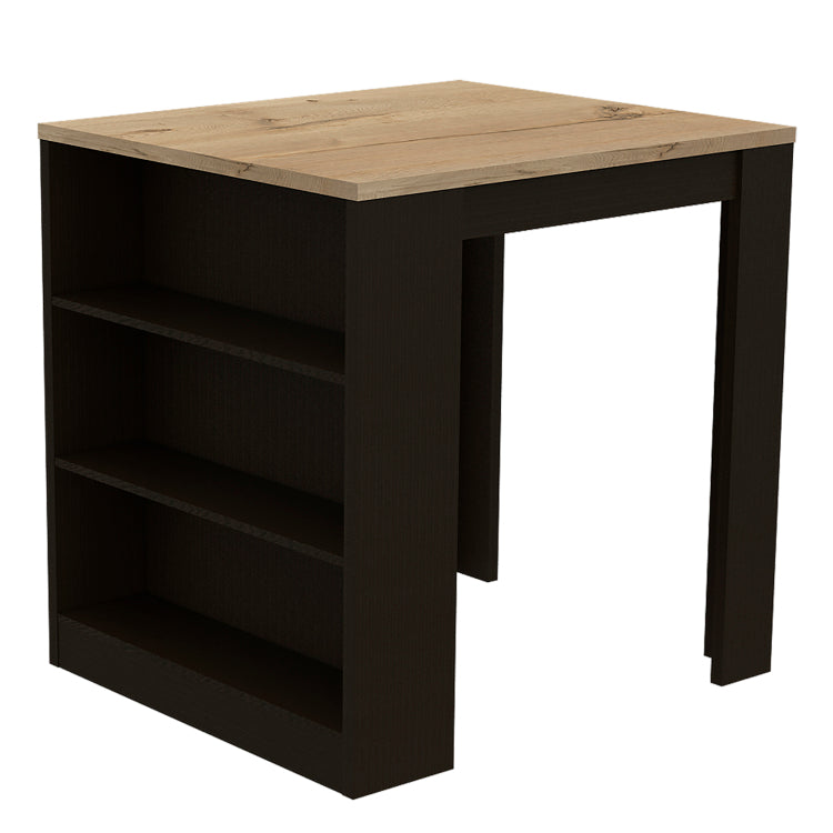 Kitchen Island Table, Two Legs, Three Side Shelves, Black Pine
