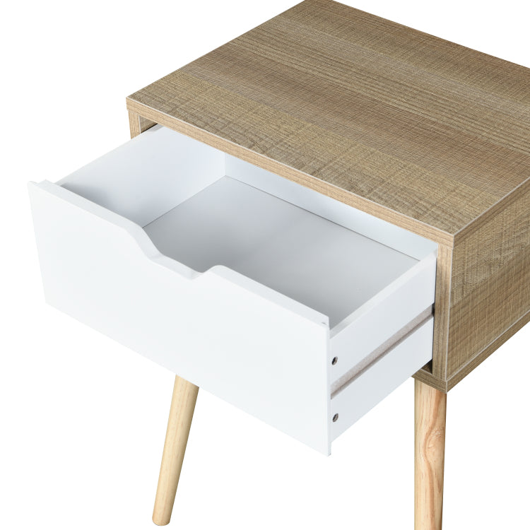 Side Table With 1 Drawer And Rubber Wood Legs, Mid Century Modern Storage Cabinet For Bedroom Living Room Furniture, White With Solid Wood Color