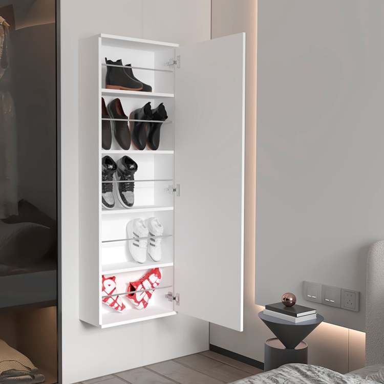 Montauk 5 Shelf Wall Mounted Shoe Cabinet With Mirror Door White