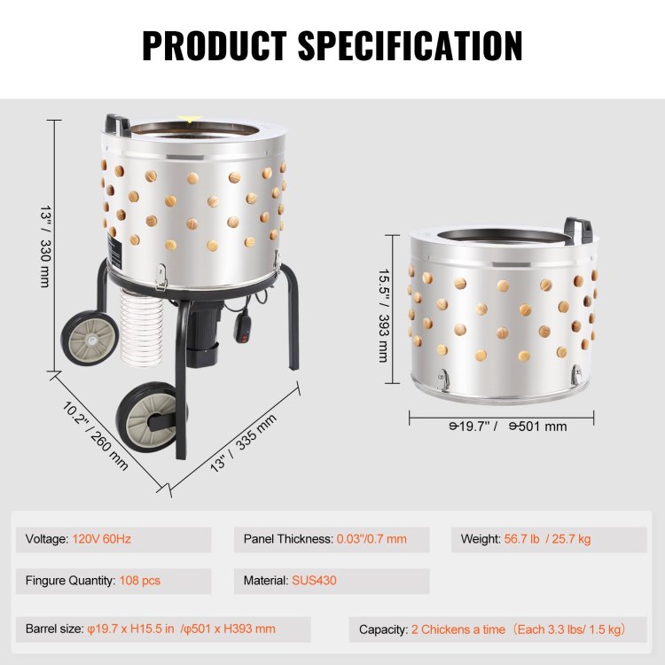 Chicken Plucker Machine, Feather Plucker With 20 Inch Stainless Steel Drum, Defeathering Equipment With 108 Soft Fingers, Simple Debris Collection, 500W High Power Poultry Plucking
