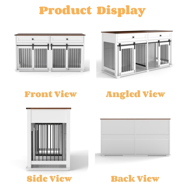 63'' Large Dog Crate Furniture For Double Dog, Wooden Dog Kennel With 2 Drawers,Divider And Sliding Door, Water Resistant Indoor Pets Furniture Style Double Dog Crates
