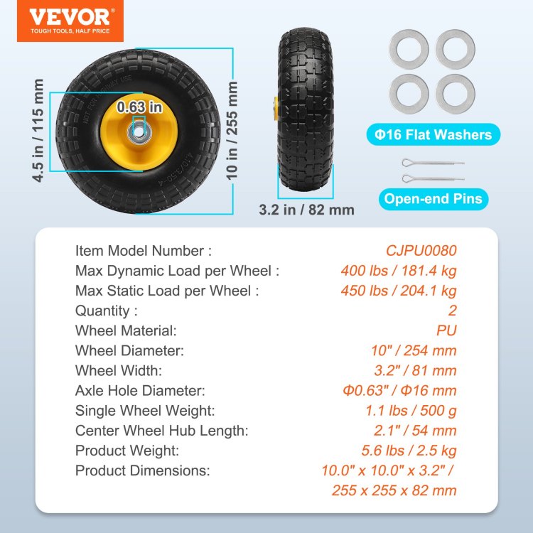 Solid Pu Run Flat Tire Wheel, 10", 2 Pack, 400 Lbs Dynamic Load, 450 Lbs Static Load, Flat Free Tubeless Tires And Wheels For Hand Truck, Utility Cart, Dollies, Garden Trailers, Various Carts