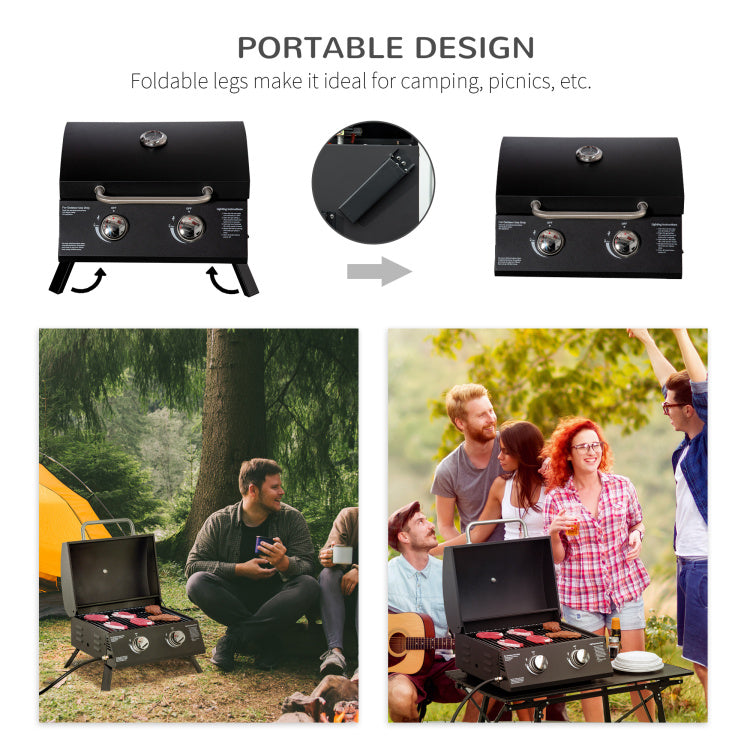Outsunny 2 Burner Propane Gas Grill Outdoor Portable Tabletop Bbq With Foldable Legs, Lid, Thermometer For Camping, Picnic, Backyard, Black