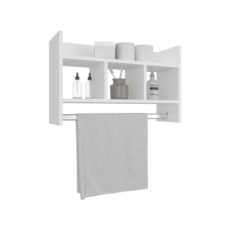 Bathroom Wall Shelf With Towel Bar, Compact Storage With A Wide Upper Shelf, Three Comapct Middle Shelves And Towel Holder For Bathroom Organizer