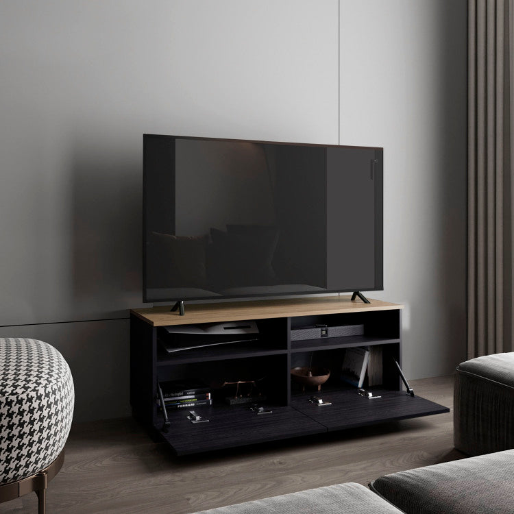Colman Modern Tv Stand With Open Shelves And Compact Profile, Minimalist Media Console For Living Room Or Bedroom, Black Natural Oak
