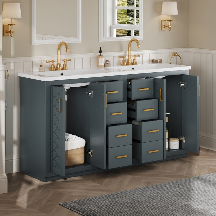 60'' Bathroom Vanity Set With Ceramic Sink Separate , Solid Wood Frame Bathroom Storage Cabinet, Freestanding Vanity Set With Drawers & Soft Closing Doors