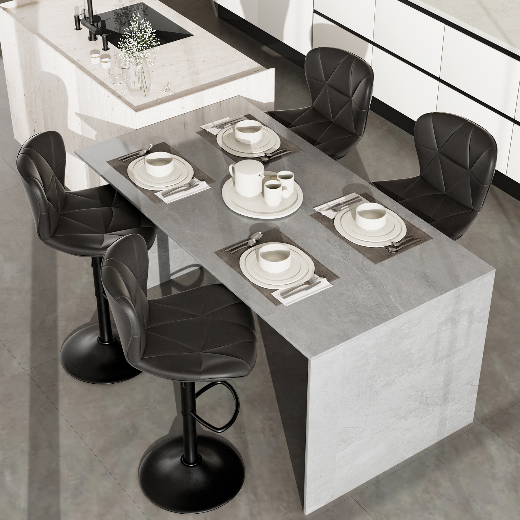 Modern Bar Stools Set Of 2, Adjustable Faux Leather Upholstered Swivel Bar Stools, Counter Height Bar Chairs With Back For Kitchen Island, Black